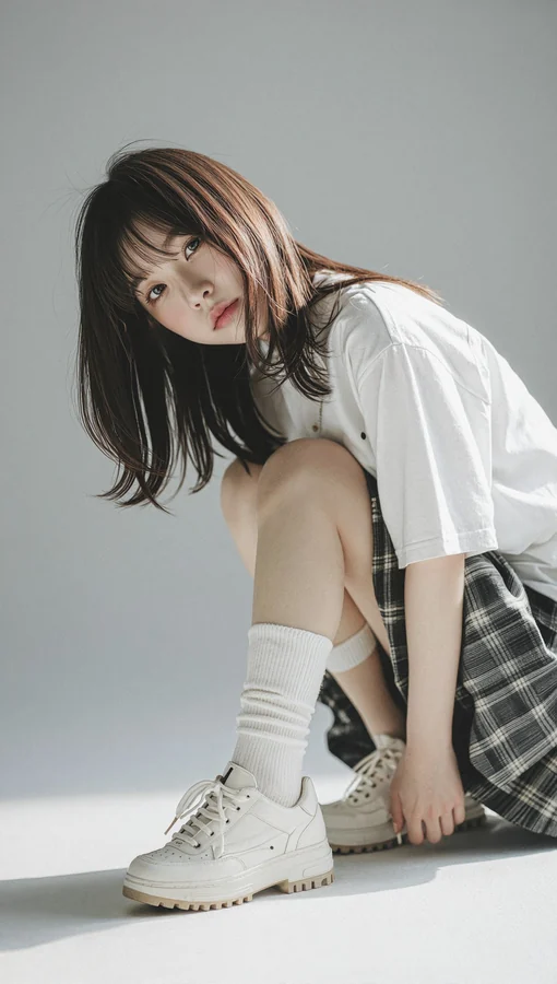 Korean Student In Plaid Shorts And Socks