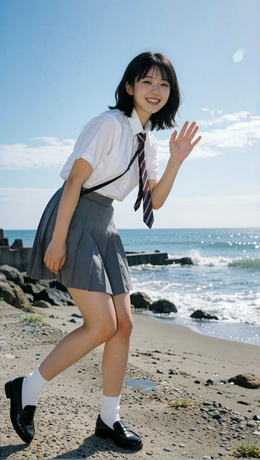Girl Waves on Beach in School Uniform