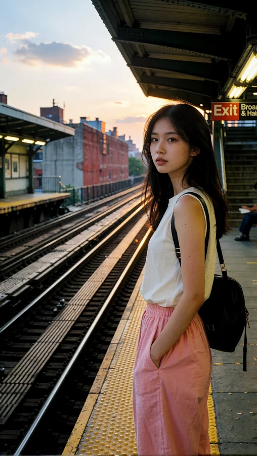Pink Skirt Girl on Subway Platform at Sunset