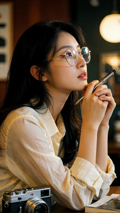 Thoughtful Girl With Camera And Pen