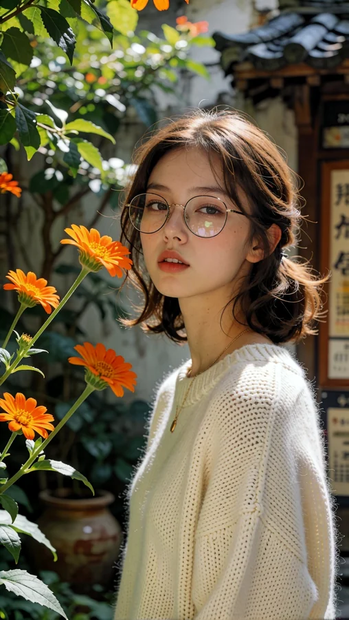 Glasses Girl Amid Orange Flowers