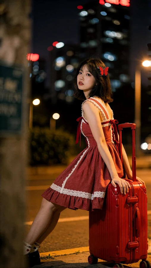 Red Dress Girl with Suitcase on City Street Night