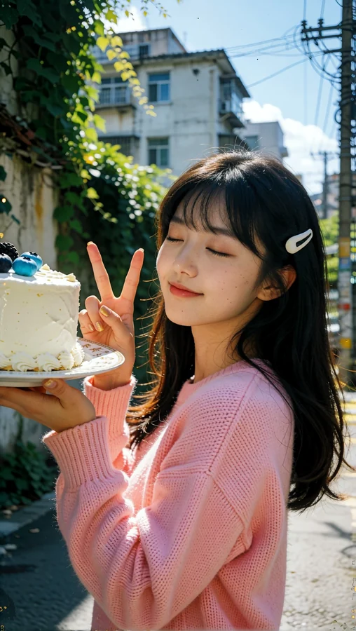 Pink Sweater Girl with Cake Outside