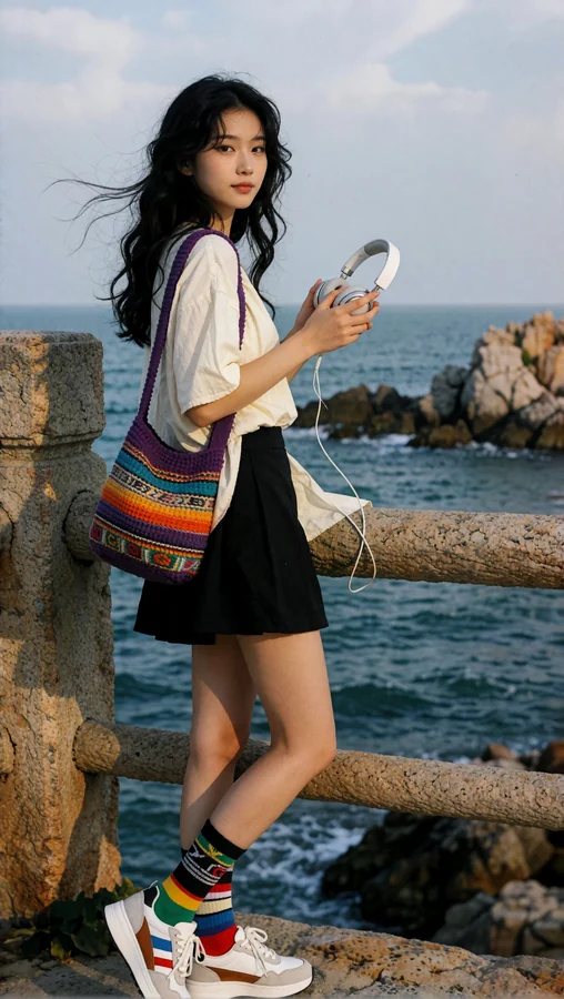 Coastal Vibes with Headphones and Colorful Socks