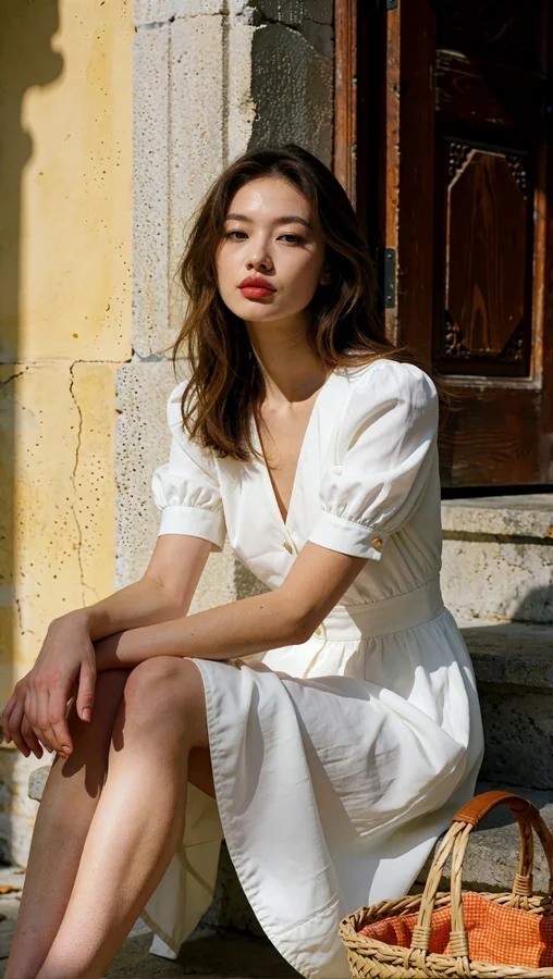 White Dress by Sunlit Stone Steps
