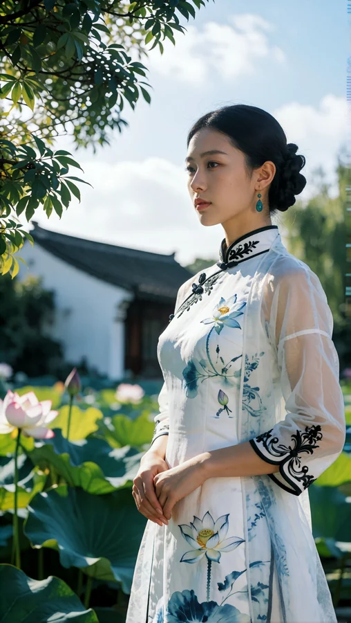 Lotus Garden Elegance in Traditional Dress