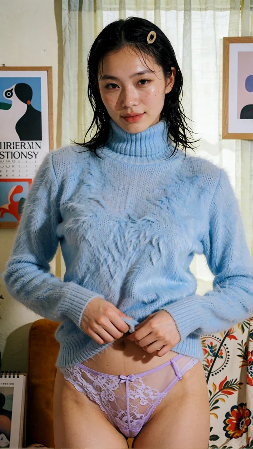Wet Hair Soft Blue Knit Top Purple Lace Briefs