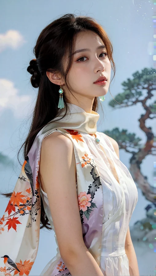Elegant Woman in Floral Silk Dress