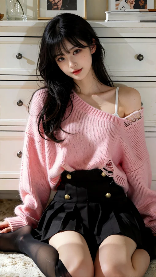 Pink Sweater Black Skirt Girl Sitting Room