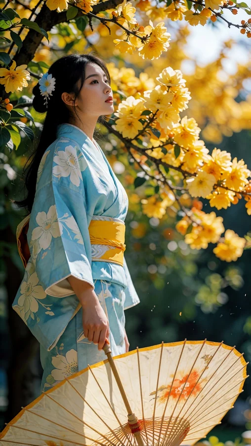 Woman in Blue Kimono Under Yellow Blossoms