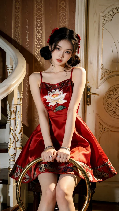 Red Lotus Dress on Grand Staircase
