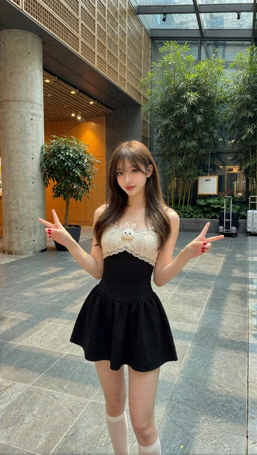 Young Woman in Black Dress with Bunny Charm