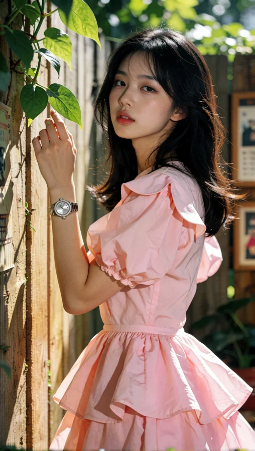 Pink Dress Girl by Wooden Fence