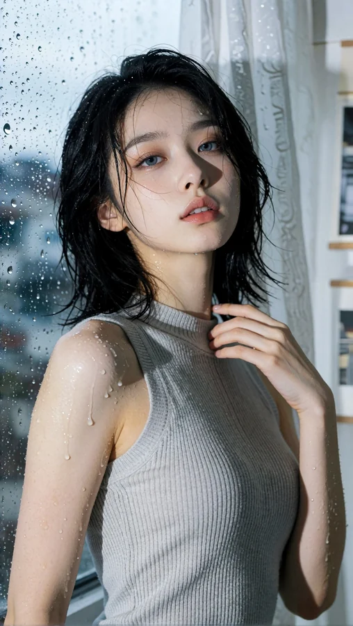 Raindrops on Wet Skin by Window