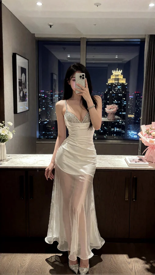 Night City Glamour in White Silk Dress