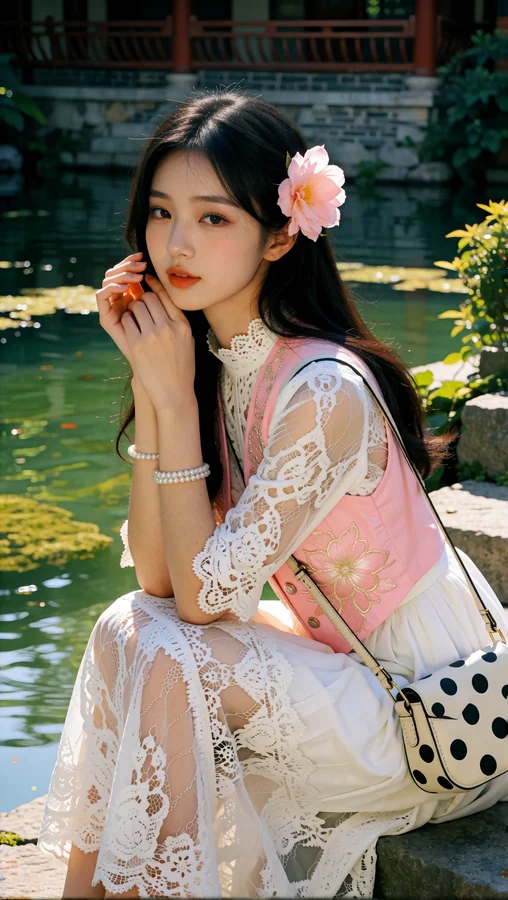 Lace Dress by Pondside with Pink Flower