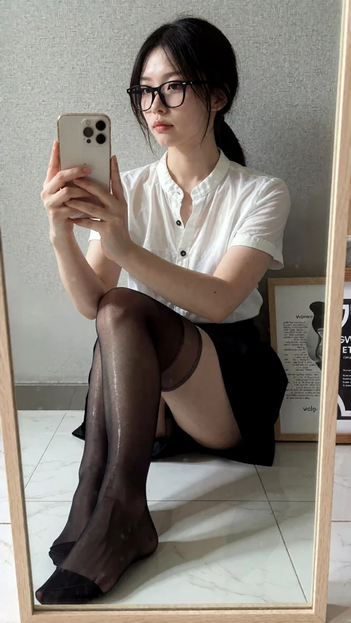 Mirror Selfie with White Shirt and Black Stockings