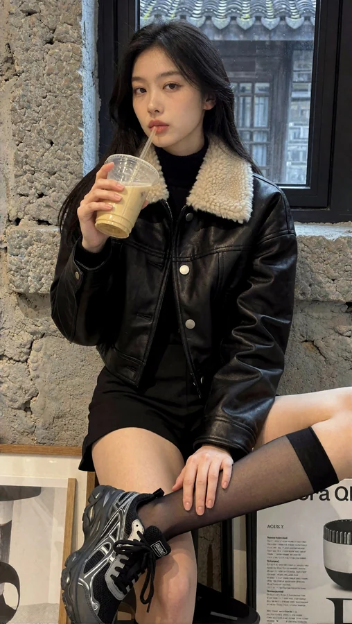 Cozy Leather Jacket Coffee Break