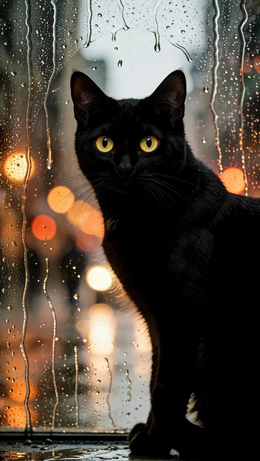 Black Cat Watches Rainy Window Lights