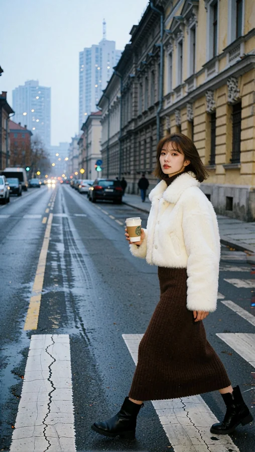 Woman Crosses Street with Coffee Cup