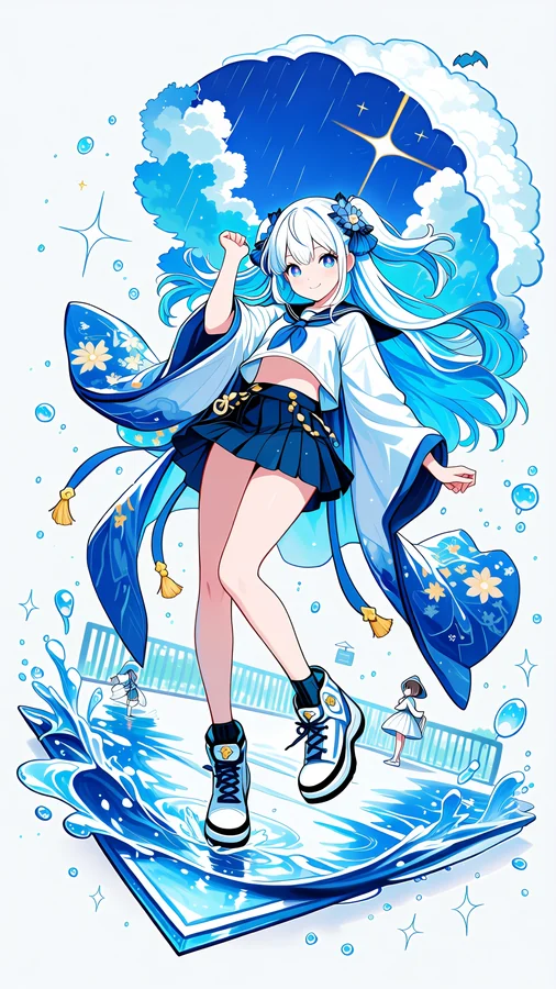 Blue-haired Girl Dancing in Rainy Sky