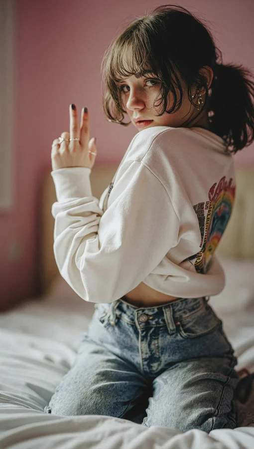 Pink Room Youthful Pose with Sweatshirt and Jeans