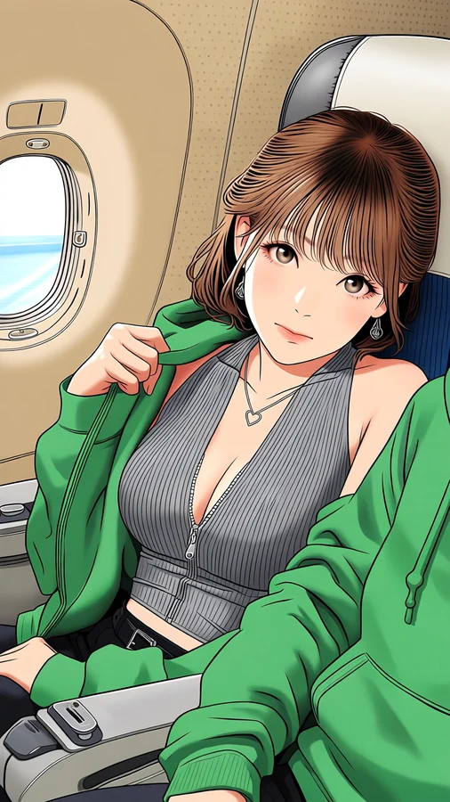 Green Hoodie Girl On Plane Seat