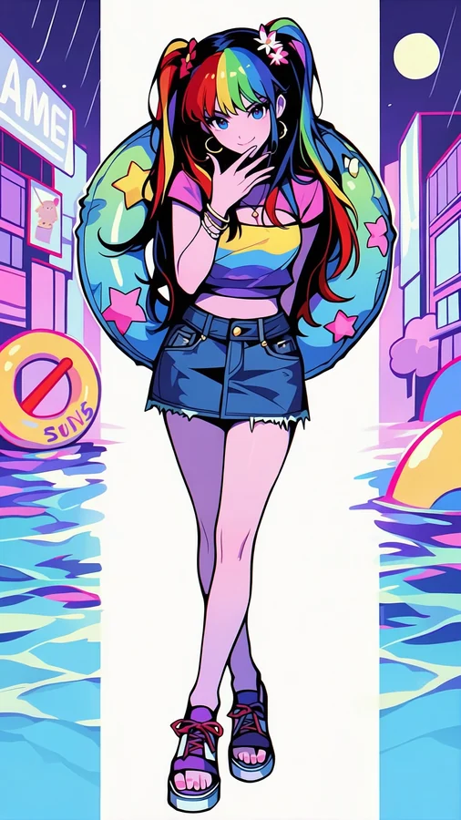 Rainbow Hair Girl Strolls Neon Street