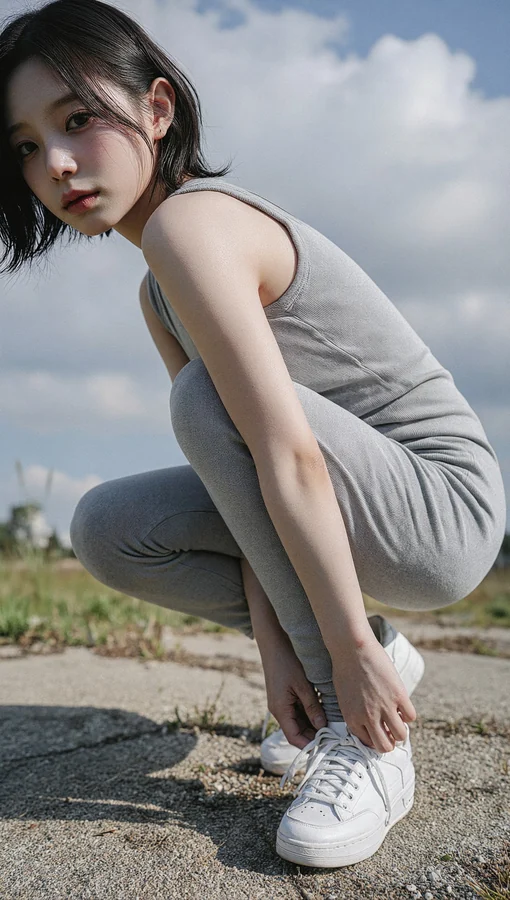Gray Outfit White Sneakers Outdoor Pose
