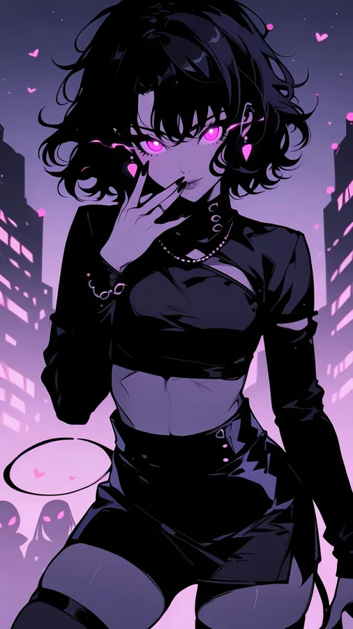 Purple-Eyed Girl in Neon Cityscape