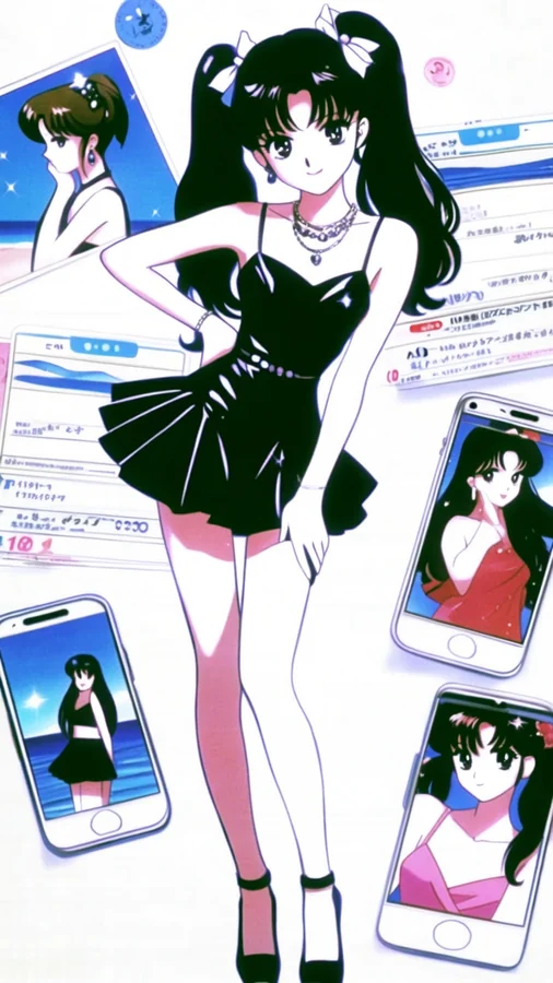 Black Dress Girl with Phones Around Her