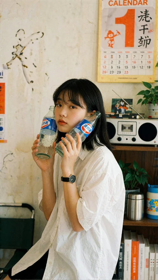 Young Woman Holds Bottles Against Wall