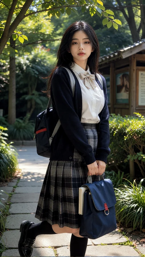 Girl in Plaid Skirt Walking Through Sunlit Garden Path