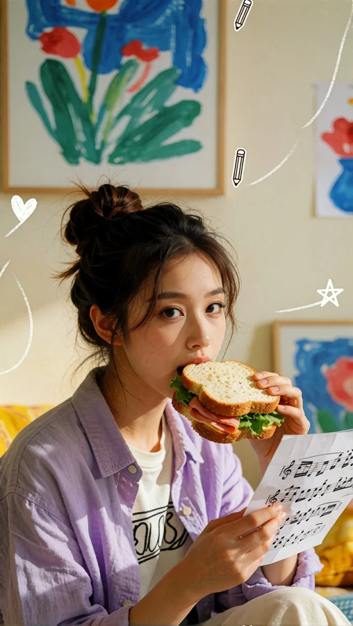 Young Woman Eats Sandwich While Reading Music Notes
