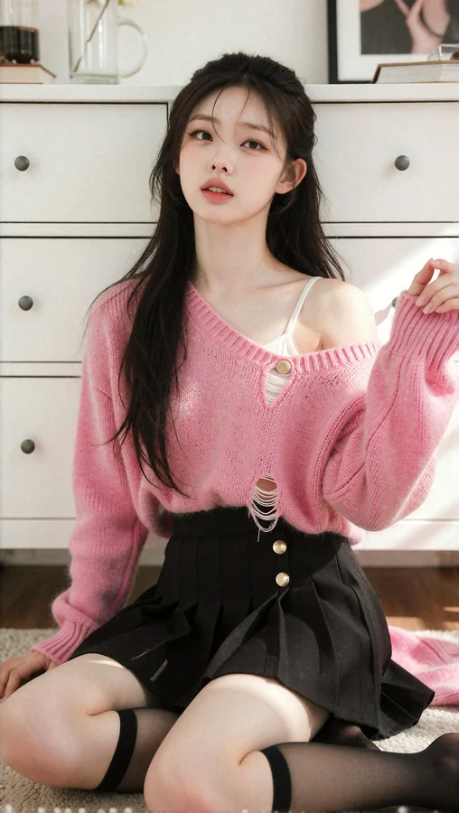 Pink Knit Sweater And Black Skirt Sitting On Floor