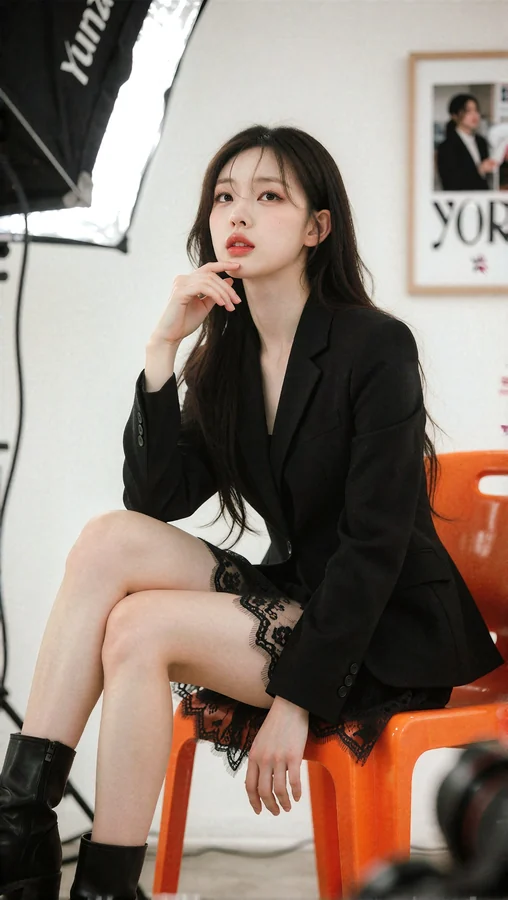 Black Blazer With Lace Shorts And Boots