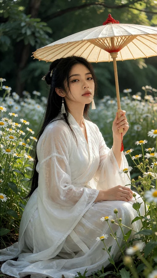White Robe Under Umbrella Among Daisies