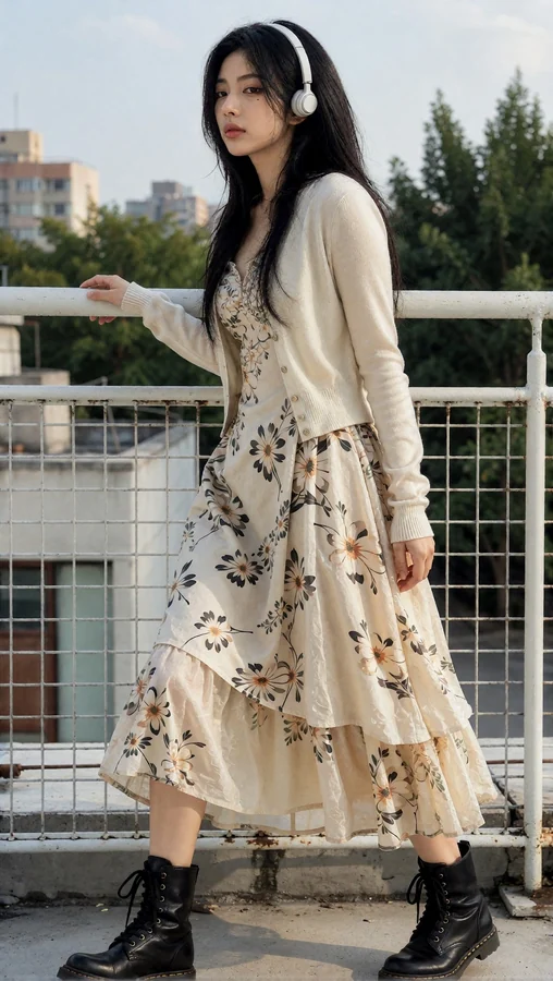 Girl in Floral Dress with Headphones on Rooftop