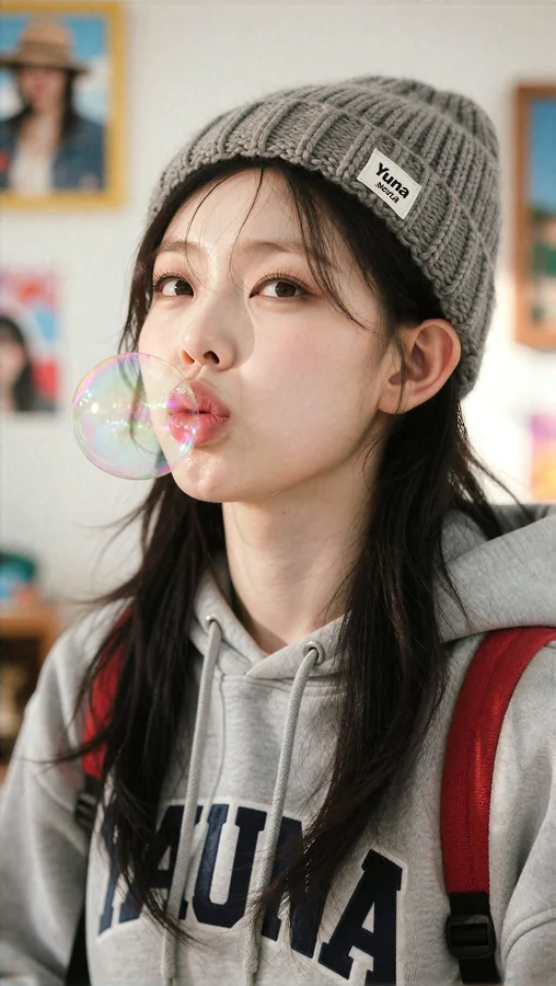 Bubble Blowing Girl In Gray Beanie