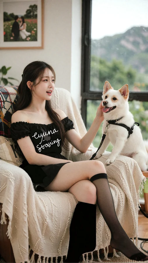 Cozy Chair With White Dog And Woman