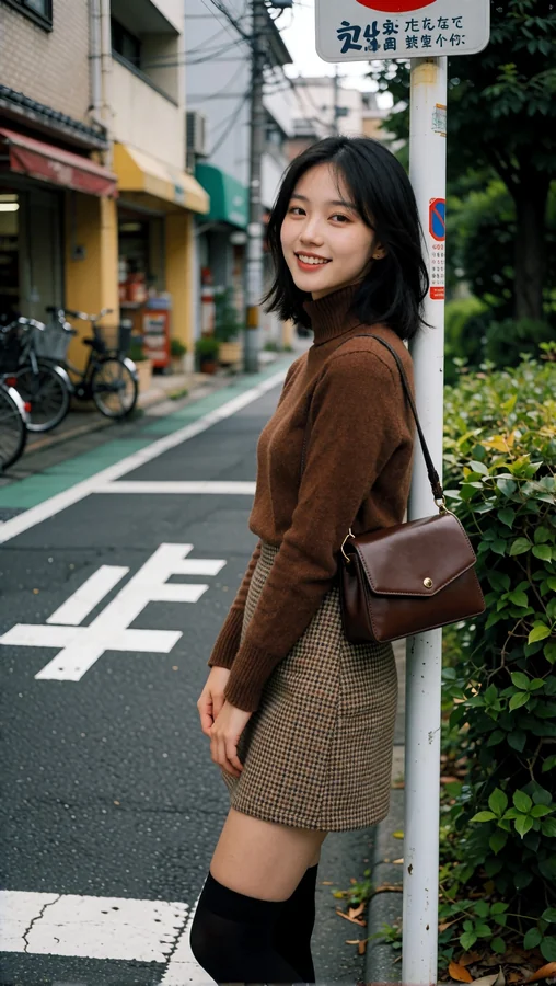 Brown Outfit on Japanese Street Corner