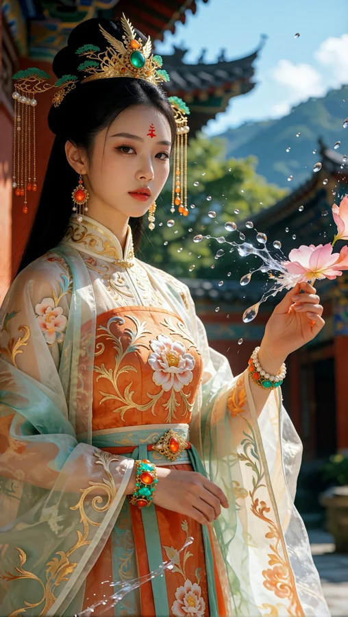 Elegant Court Lady with Floral Water Splash