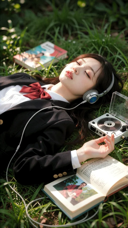 Girl Lies on Grass Listening to Music