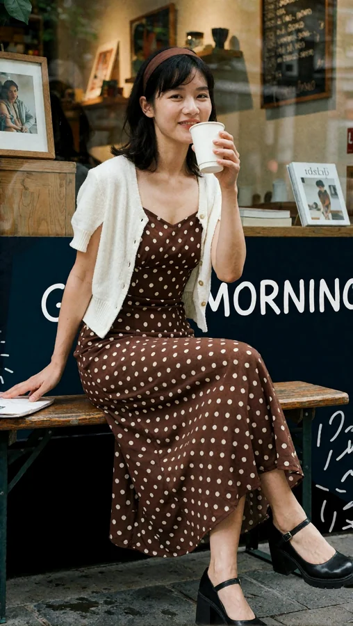 Woman Sipping Coffee Outside Cafe