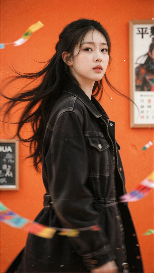 Windblown Hair Against Orange Wall