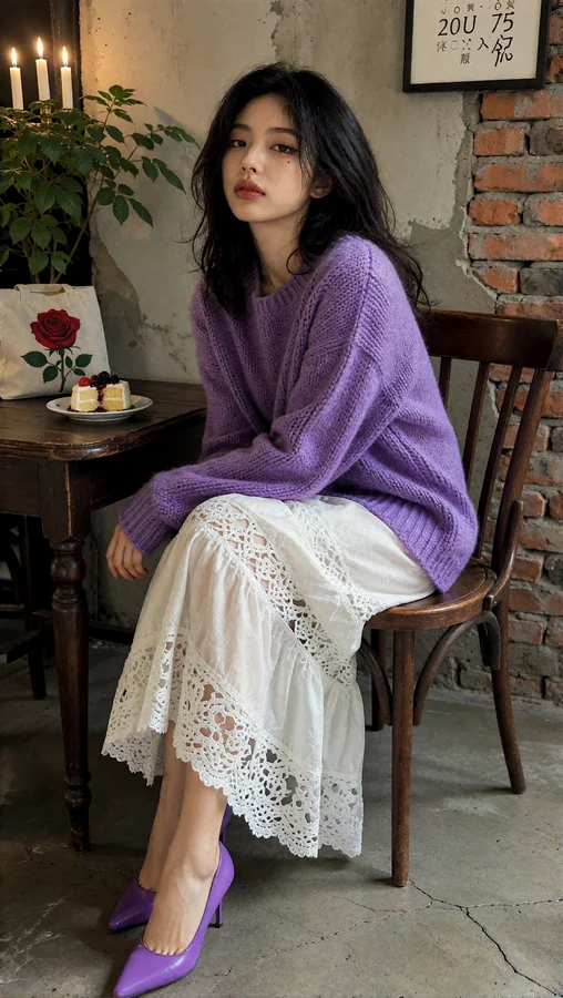 Purple Knit Meet Lace Skirt