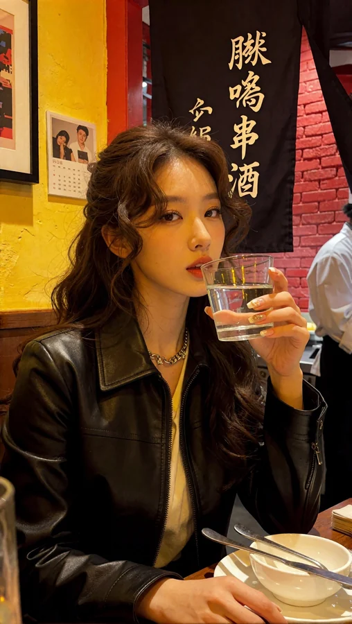 Woman Sips Water in Leather Jacket at Warmly Lit