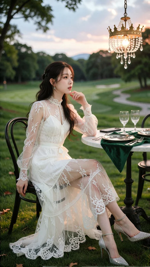 Lace Dress Under Crystal Chandelier Light