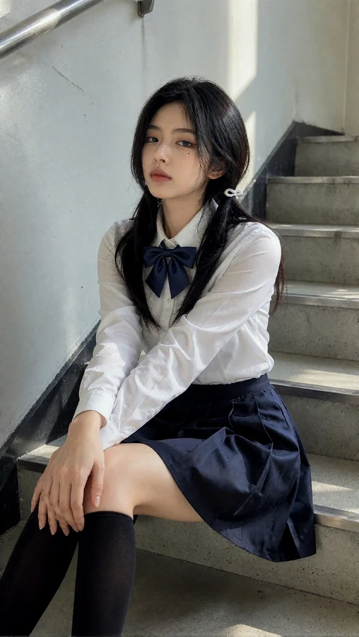 Girl in School Uniform on Stairs