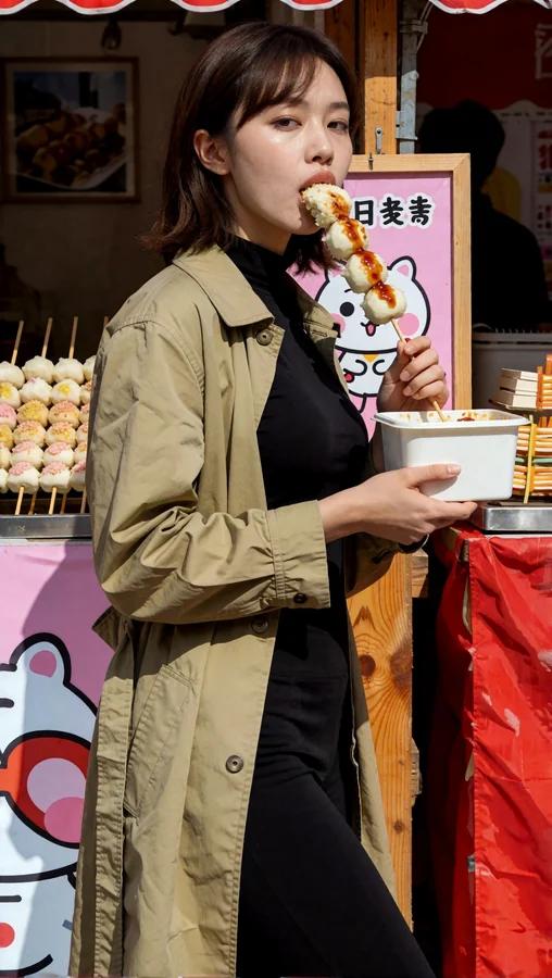 Woman Savoring Street Food in Sunlight